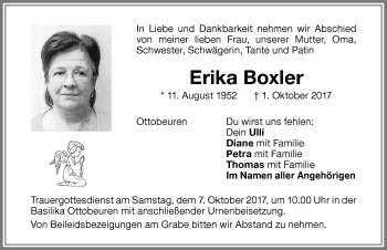 Traueranzeige von Erika Boxler von Memminger Zeitung