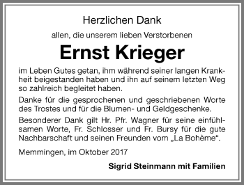 Traueranzeige von Ernst Krieger von Memminger Zeitung