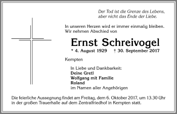 Traueranzeige von Ernst Schreivogel von Allgäuer Zeitung,Kempten