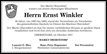 Traueranzeige von Ernst Winkler von Allgäuer Anzeigeblatt