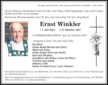 Traueranzeige von Ernst Winkler von Allgäuer Anzeigeblatt