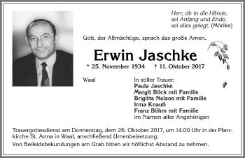 Traueranzeige von Erwin Jaschke von Allgäuer Zeitung, Kaufbeuren/Buchloe