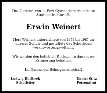Traueranzeige von Erwin Weinert von Allgäuer Anzeigeblatt