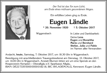 Traueranzeige von Eugen Ländle von Allgäuer Zeitung,Kempten