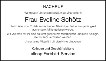 Traueranzeige von Eveline Schötz von Der Westallgäuer