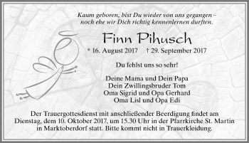 Traueranzeige von Finn Pihusch von Allgäuer Zeitung, Marktoberdorf