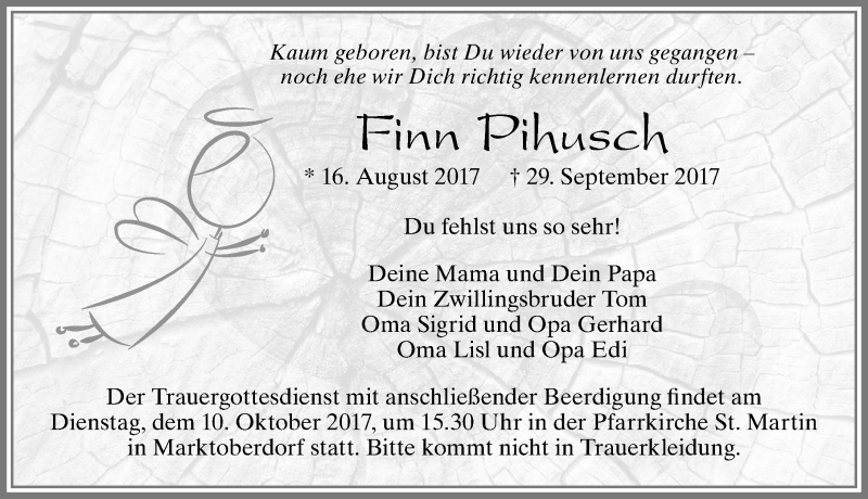  Traueranzeige für Finn Pihusch vom 07.10.2017 aus Allgäuer Zeitung, Marktoberdorf