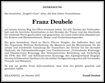 Traueranzeige von Franz Deubele von Allgäuer Anzeigeblatt