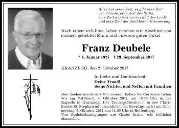 Traueranzeige von Franz Deubele von Allgäuer Anzeigeblatt