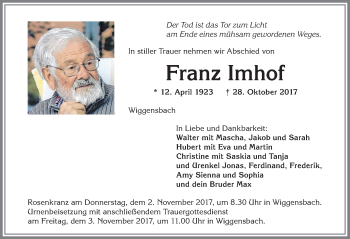 Traueranzeige von Franz Imhof von Allgäuer Zeitung,Kempten