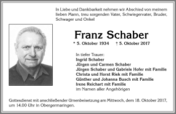 Traueranzeige von Franz Schaber von Allgäuer Zeitung, Kaufbeuren/Buchloe