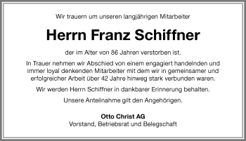 Traueranzeige von Franz Schiffner von Memminger Zeitung