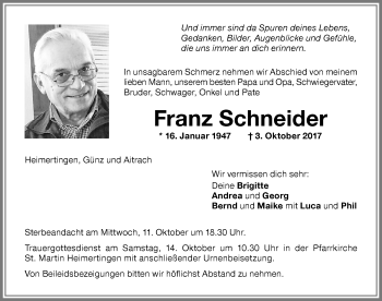 Traueranzeige von Franz Schneider von Memminger Zeitung