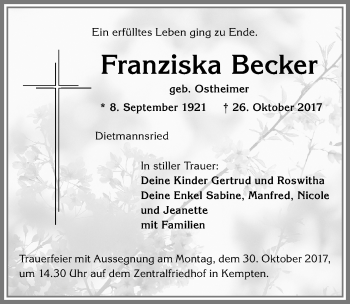 Traueranzeige von Franziska Becker von Allgäuer Zeitung,Kempten