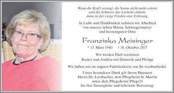 Traueranzeige von Franziska Meisinger von Allgäuer Zeitung, Füssen