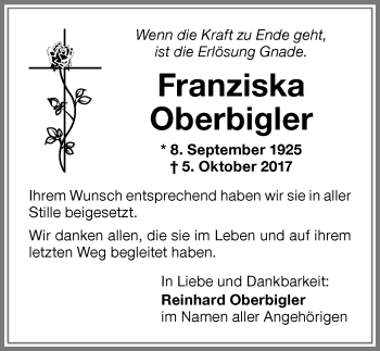 Traueranzeige von Franziska Oberbigler von Memminger Zeitung
