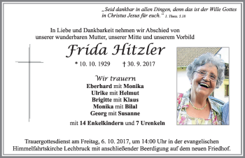 Traueranzeige von Frida Hitzler von Allgäuer Zeitung, Füssen