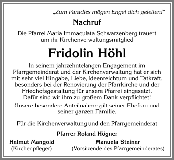 Traueranzeige von Fridolin Höhl von Allgäuer Zeitung,Kempten