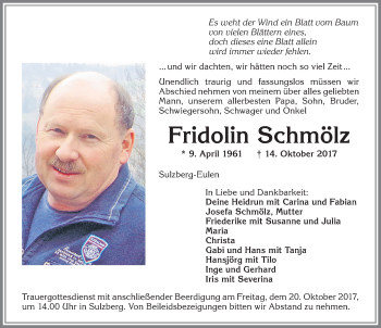 Traueranzeige von Fridolin Schmölz von Allgäuer Zeitung,Kempten