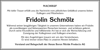 Traueranzeige von Fridolin Schmölz von Allgäuer Zeitung,Kempten