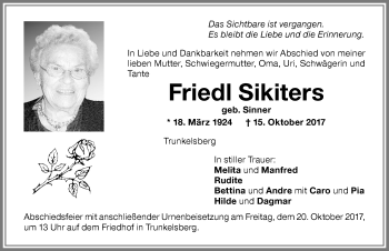 Traueranzeige von Friedl Sikiters von Memminger Zeitung