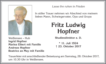 Traueranzeige von Fritz Ludwig Hopfner von Allgäuer Zeitung, Füssen