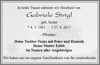 Traueranzeige von Gabriele Strigl von Allgäuer Zeitung, Füssen