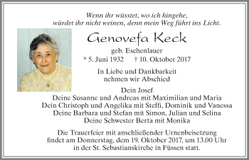 Traueranzeige von Genovefa Keck von Allgäuer Zeitung, Füssen