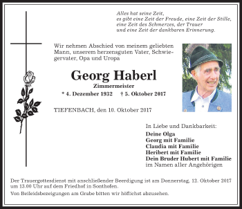 Traueranzeige von Georg Haberl von Allgäuer Anzeigeblatt