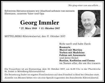 Traueranzeige von Georg Immler von Allgäuer Zeitung