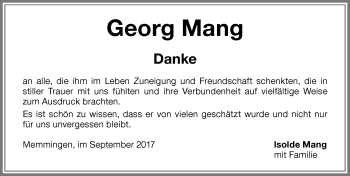 Traueranzeige von Georg Mang von Memminger Zeitung