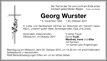 Traueranzeige von Georg Wurster von Memminger Zeitung