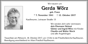 Traueranzeige von Gerda Wörz von Allgäuer Zeitung, Kaufbeuren/Buchloe