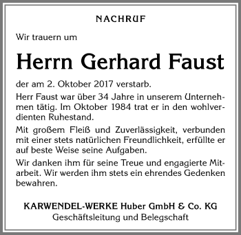 Traueranzeige von Gerhard Faust von Allgäuer Zeitung, Kaufbeuren/Buchloe