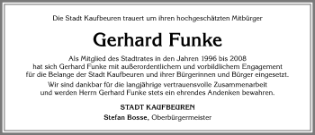 Traueranzeige von Gerhard Funke von Allgäuer Zeitung, Kaufbeuren/Buchloe