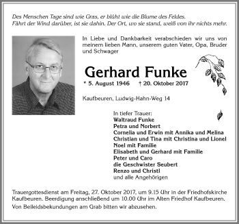 Traueranzeige von Gerhard Funke von Allgäuer Zeitung, Kaufbeuren/Buchloe