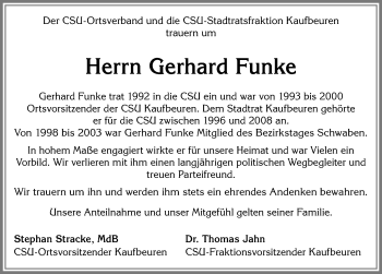 Traueranzeige von Gerhard Funke von Allgäuer Zeitung, Kaufbeuren/Buchloe