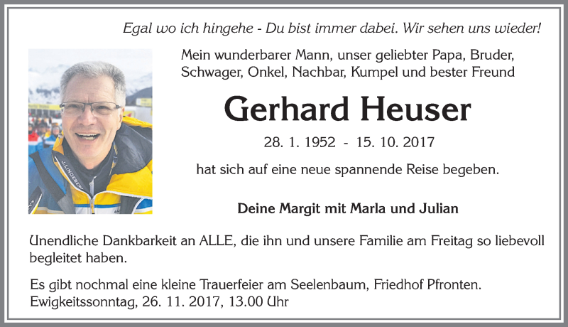  Traueranzeige für Gerhard Heuser vom 28.10.2017 aus Allgäuer Zeitung, Füssen