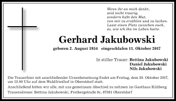 Traueranzeige von Gerhard Jakubowski von Allgäuer Anzeigeblatt