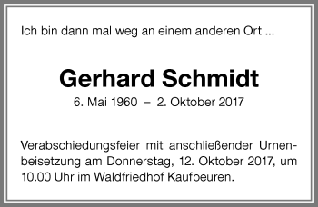 Traueranzeige von Gerhard Schmidt von Allgäuer Zeitung, Kaufbeuren/Buchloe