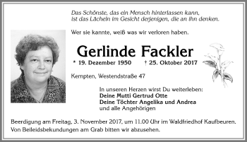 Traueranzeige von Gerlinde Fackler von Allgäuer Zeitung,Kempten