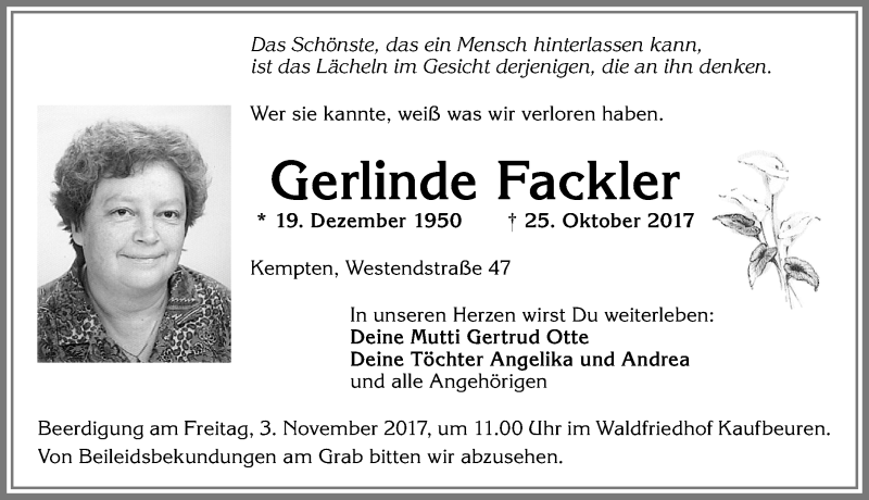  Traueranzeige für Gerlinde Fackler vom 28.10.2017 aus Allgäuer Zeitung,Kempten