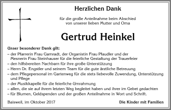 Traueranzeige von Gertrud Heinkel von Allgäuer Zeitung, Kaufbeuren/Buchloe