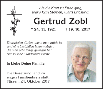 Traueranzeige von Gertrud Zobl von Allgäuer Zeitung, Füssen