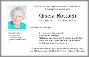 Traueranzeige von Gisela Rottach von Allgäuer Zeitung,Kempten