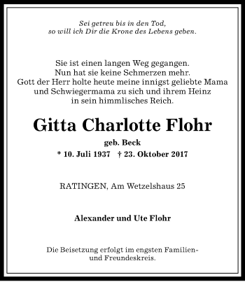 Traueranzeige von Gitta Charlotte Flohr von Allgäuer Anzeigeblatt