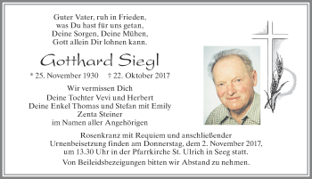 Traueranzeige von Gotthard Siegl von Allgäuer Zeitung, Füssen