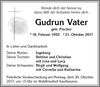 Traueranzeige von Gudrun Vater von Allgäuer Zeitung, Kaufbeuren/Buchloe
