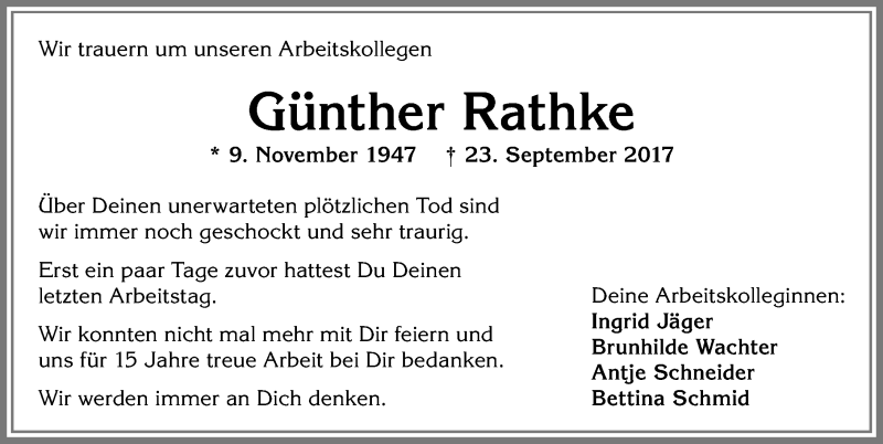  Traueranzeige für Günther Rathke vom 18.10.2017 aus Allgäuer Zeitung, Füssen