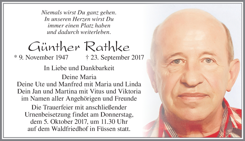  Traueranzeige für Günther Rathke vom 02.10.2017 aus Allgäuer Zeitung